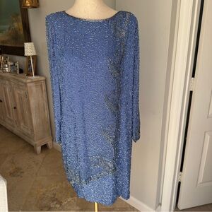 VTG Niteline Blue Sequin Embellished Long Sleeve Sheath Silk Dress